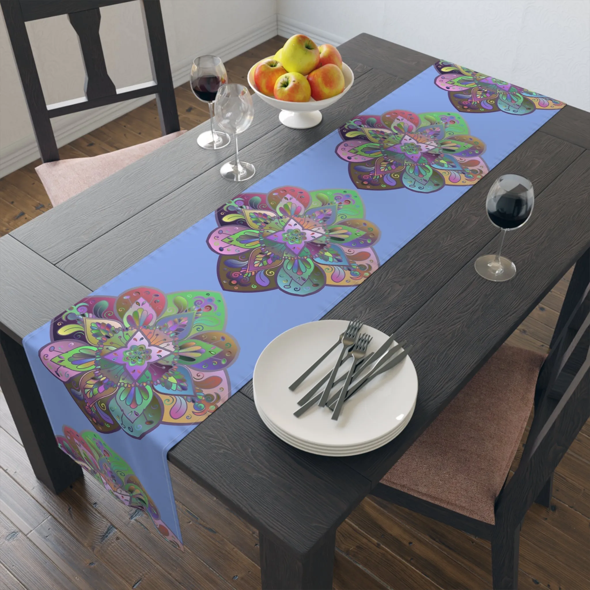 Hand-Drawn Mandala Art Table Runner - Light Blue