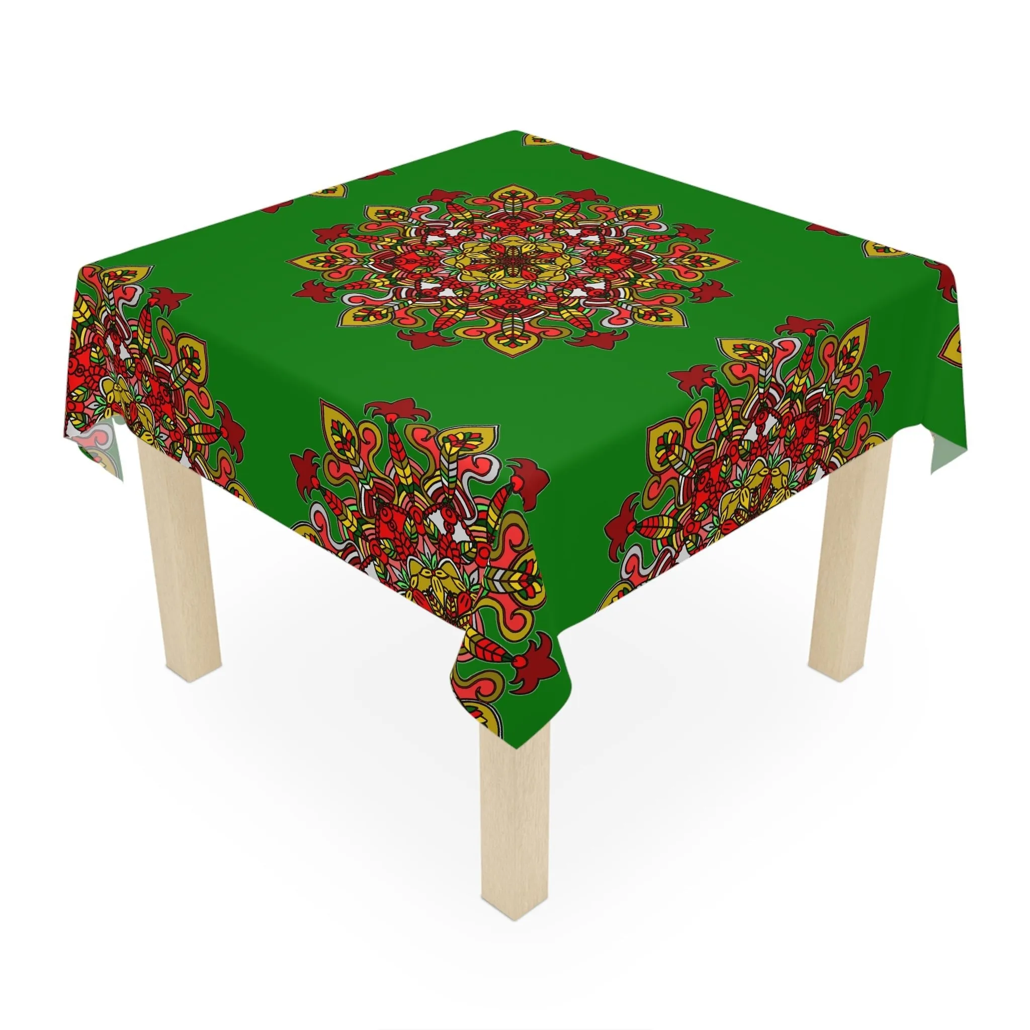 Hand-Drawn Mandala Art Tablecloth - Green Square