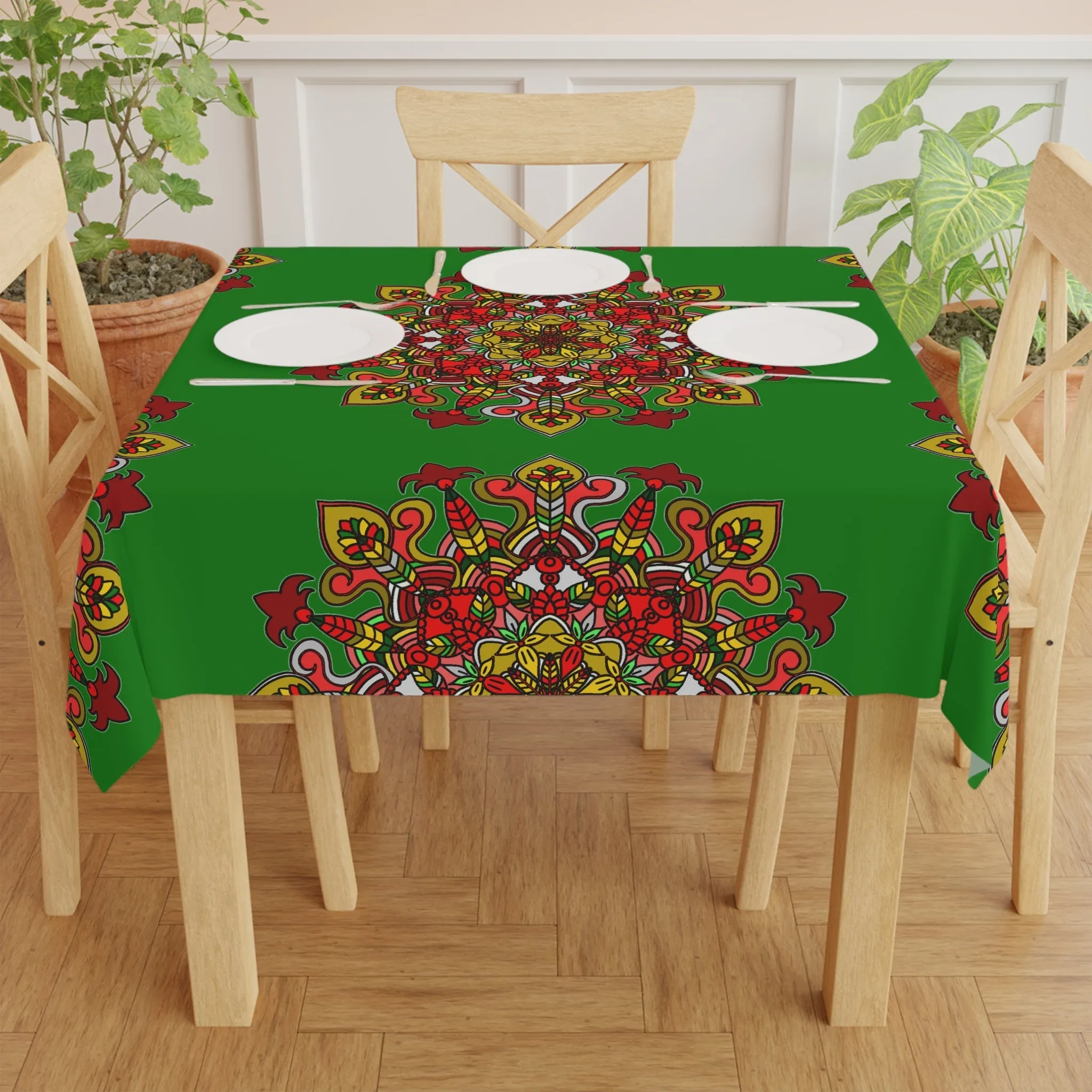 Hand-Drawn Mandala Art Tablecloth - Green Square