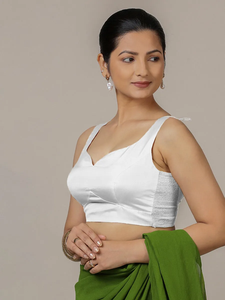 Ishika x Rozaana | Pearl White Sleeveless FlexiFit™ Saree Blouse with Beetle Leaf Neckline and Back Cut-out with Tie-Up