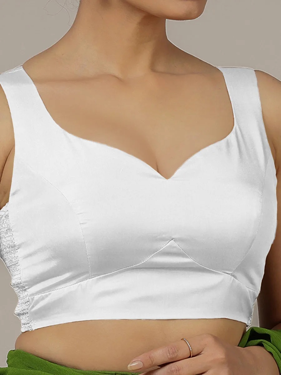 Ishika x Rozaana | Pearl White Sleeveless FlexiFit™ Saree Blouse with Beetle Leaf Neckline and Back Cut-out with Tie-Up