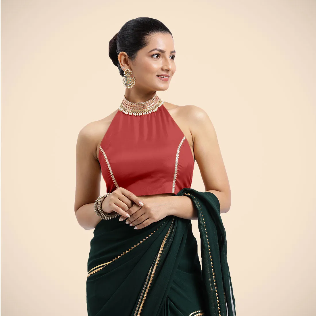 Laila x Tyohaar | Crimson Red Halterneck FlexiFit™ Saree Blouse with Heavy Golden Gota and Pearl Embellishments