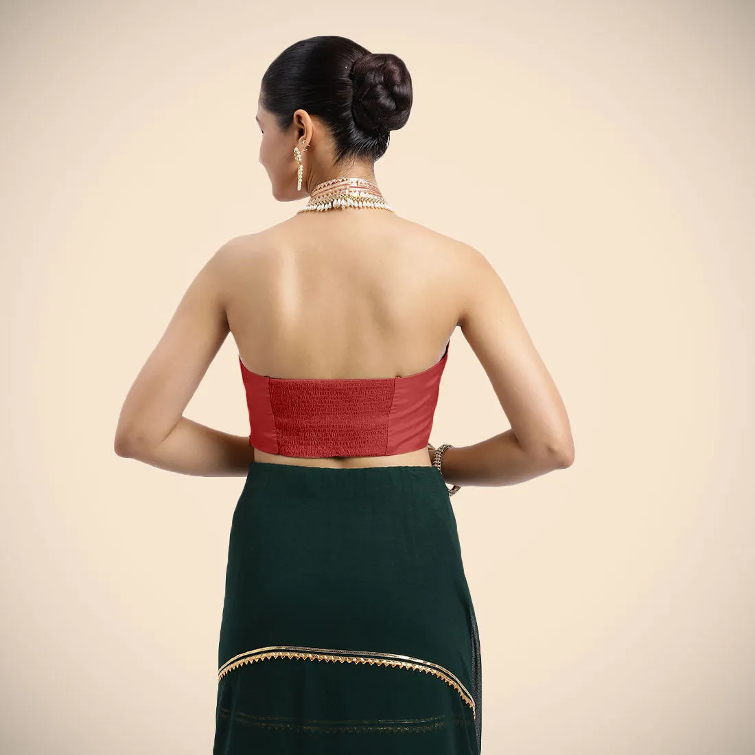Laila x Tyohaar | Crimson Red Halterneck FlexiFit™ Saree Blouse with Heavy Golden Gota and Pearl Embellishments