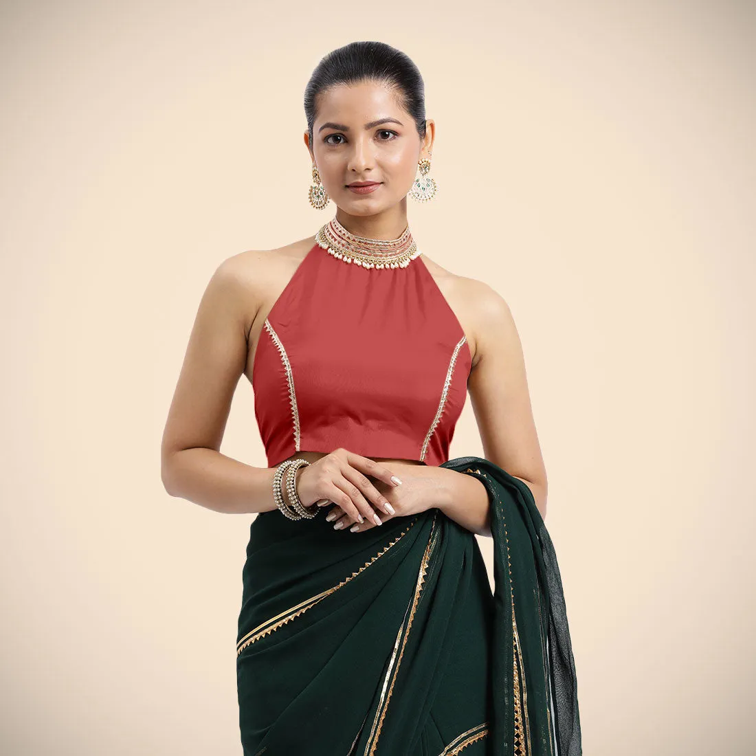 Laila x Tyohaar | Crimson Red Halterneck FlexiFit™ Saree Blouse with Heavy Golden Gota and Pearl Embellishments