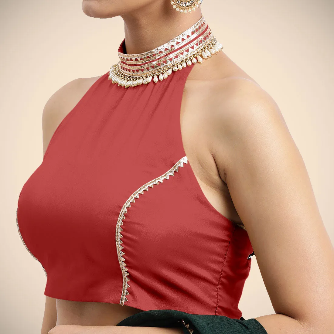 Laila x Tyohaar | Crimson Red Halterneck FlexiFit™ Saree Blouse with Heavy Golden Gota and Pearl Embellishments