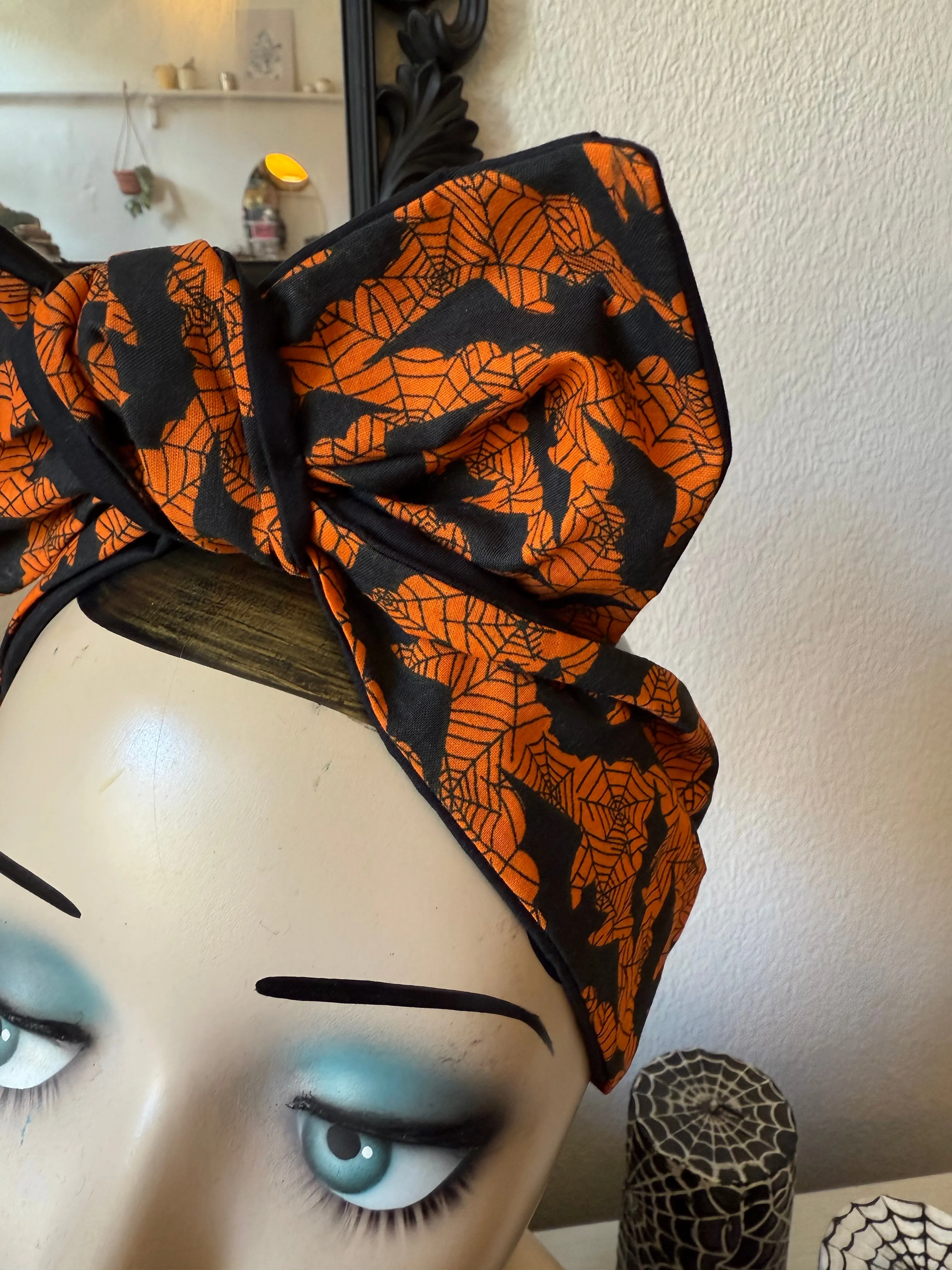 Orange Bat & Spiderweb Pre-tied 1940s Cotton Headband🎃
