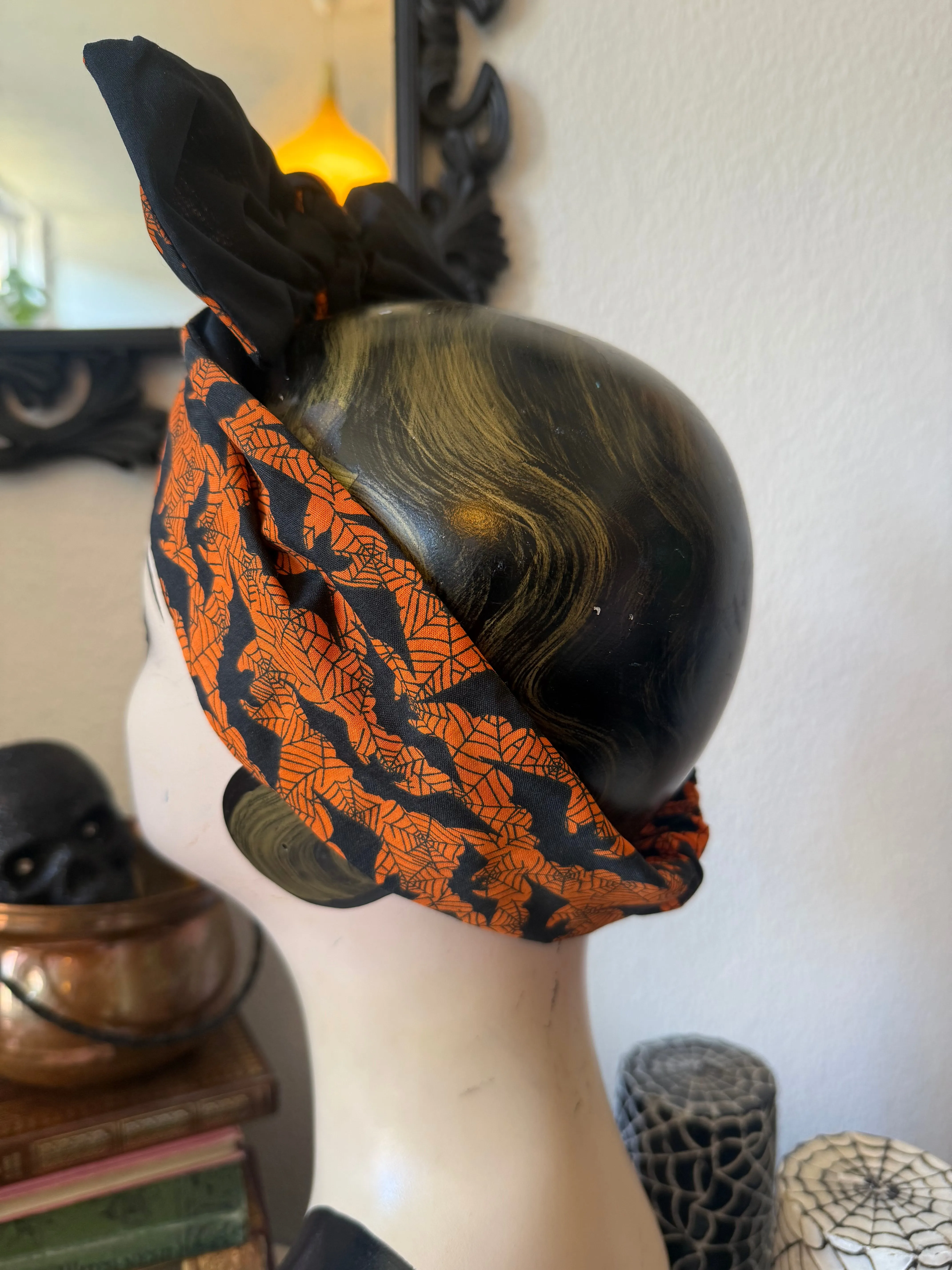 Orange Bat & Spiderweb Pre-tied 1940s Cotton Headband🎃