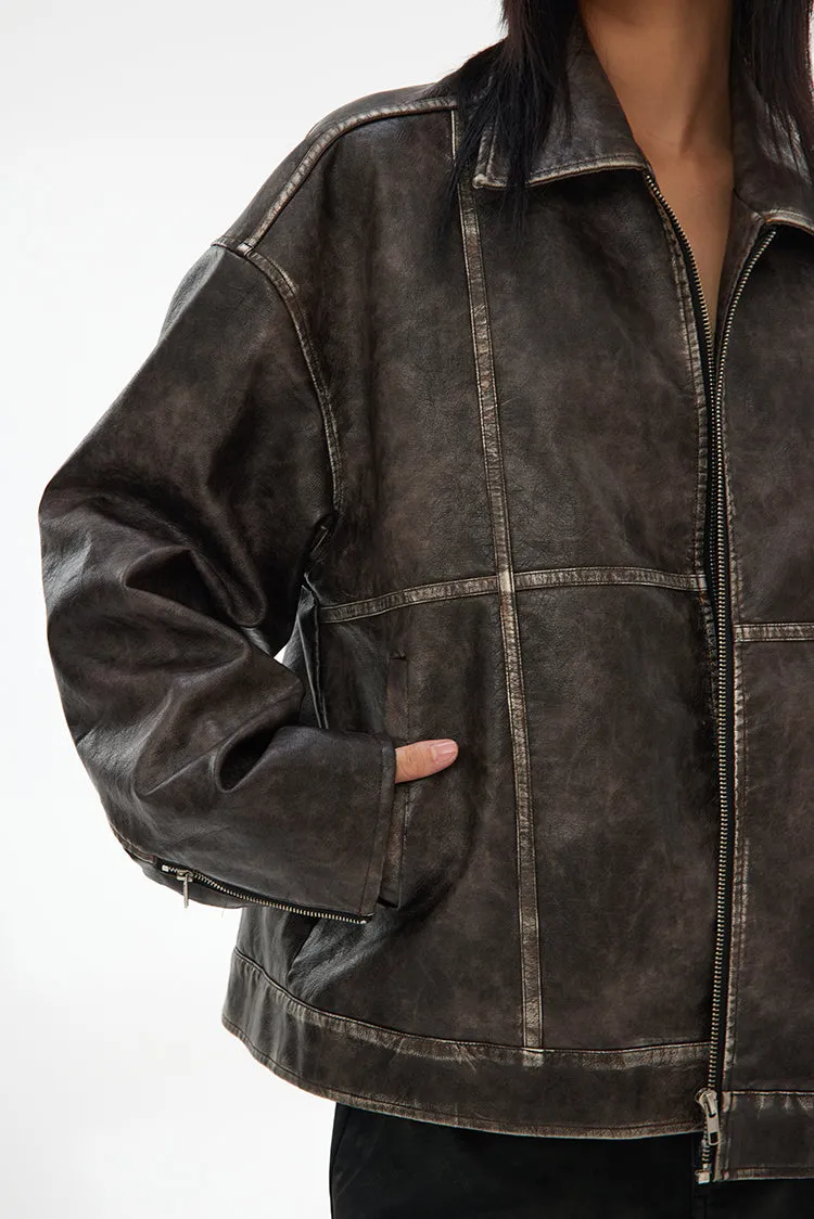 Oversized Faux Faded Leather Zip Jacket with Stitch Detail
