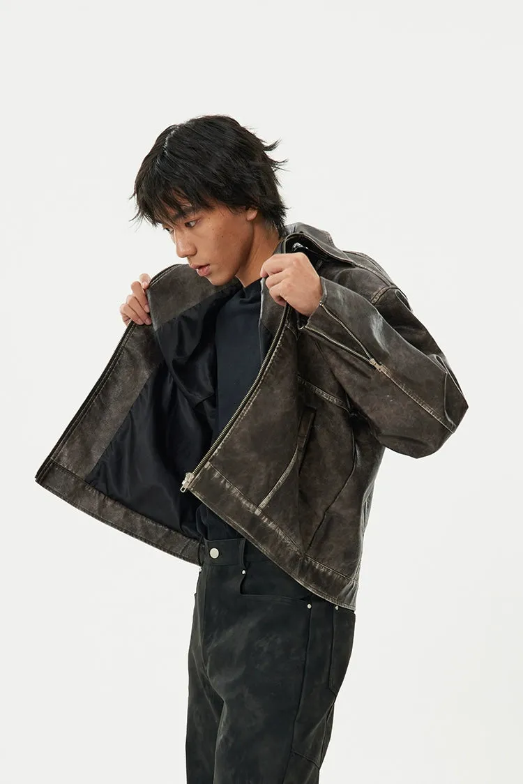Oversized Faux Faded Leather Zip Jacket with Stitch Detail