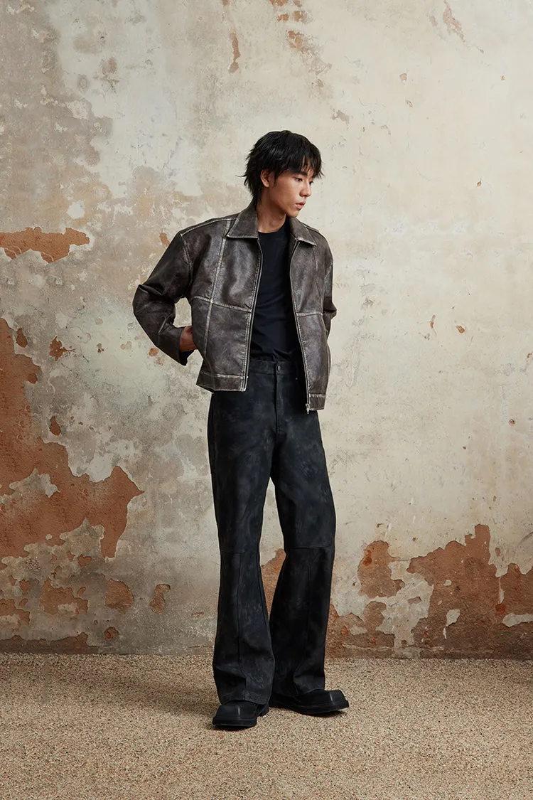 Oversized Faux Faded Leather Zip Jacket with Stitch Detail