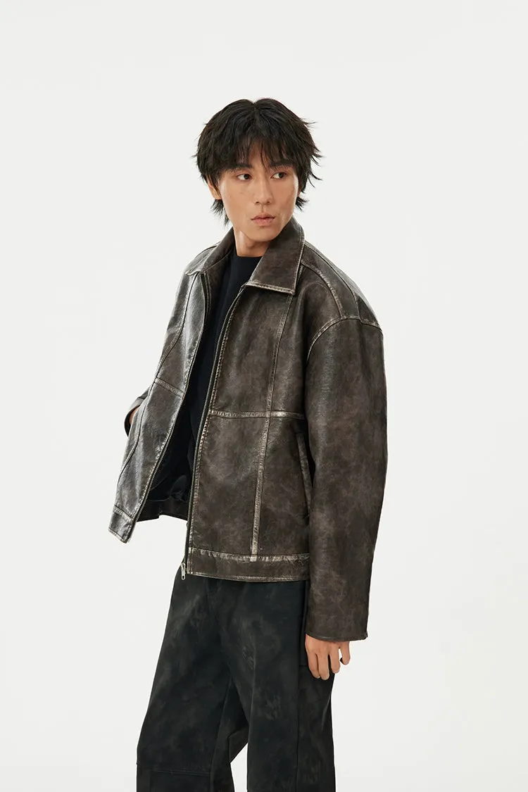 Oversized Faux Faded Leather Zip Jacket with Stitch Detail