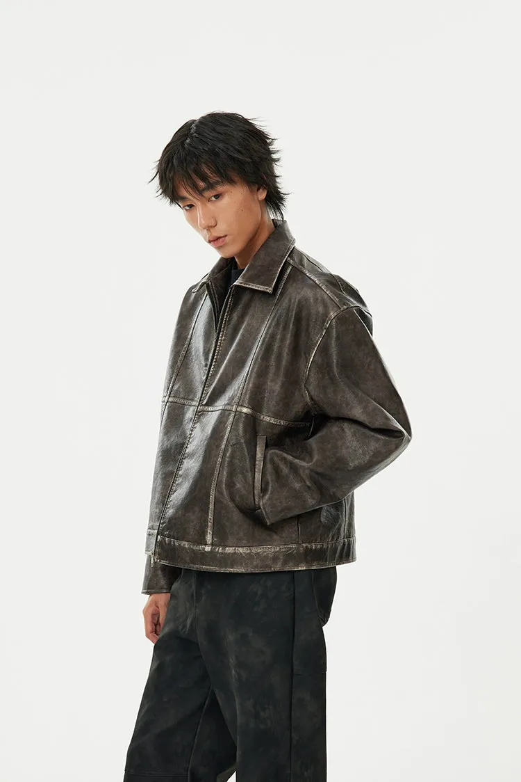 Oversized Faux Faded Leather Zip Jacket with Stitch Detail