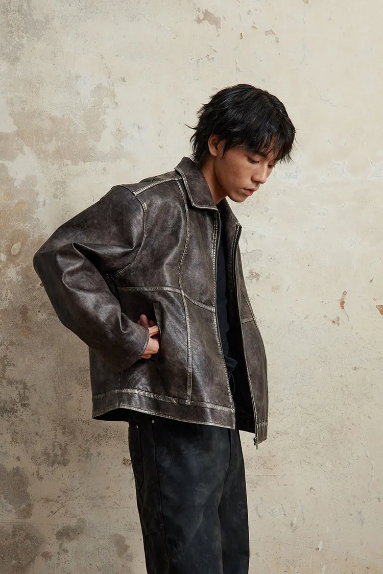 Oversized Faux Faded Leather Zip Jacket with Stitch Detail