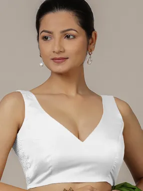 Raisa x Rozaana | Pearl White Sleeveless FlexiFit™ Saree Blouse with Simple V Neckline and Back Cut-out with Tie-Up