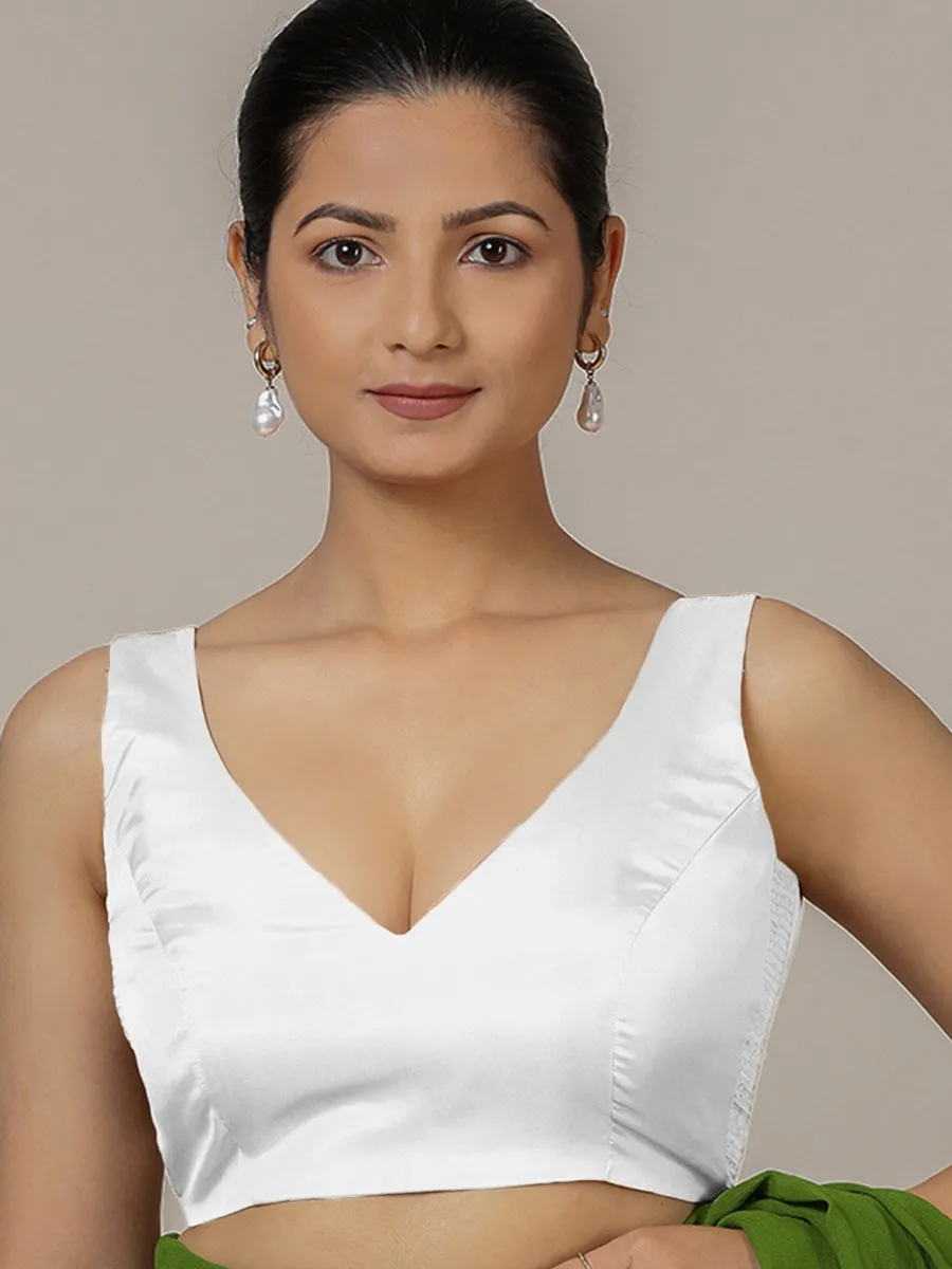 Raisa x Rozaana | Pearl White Sleeveless FlexiFit™ Saree Blouse with Simple V Neckline and Back Cut-out with Tie-Up