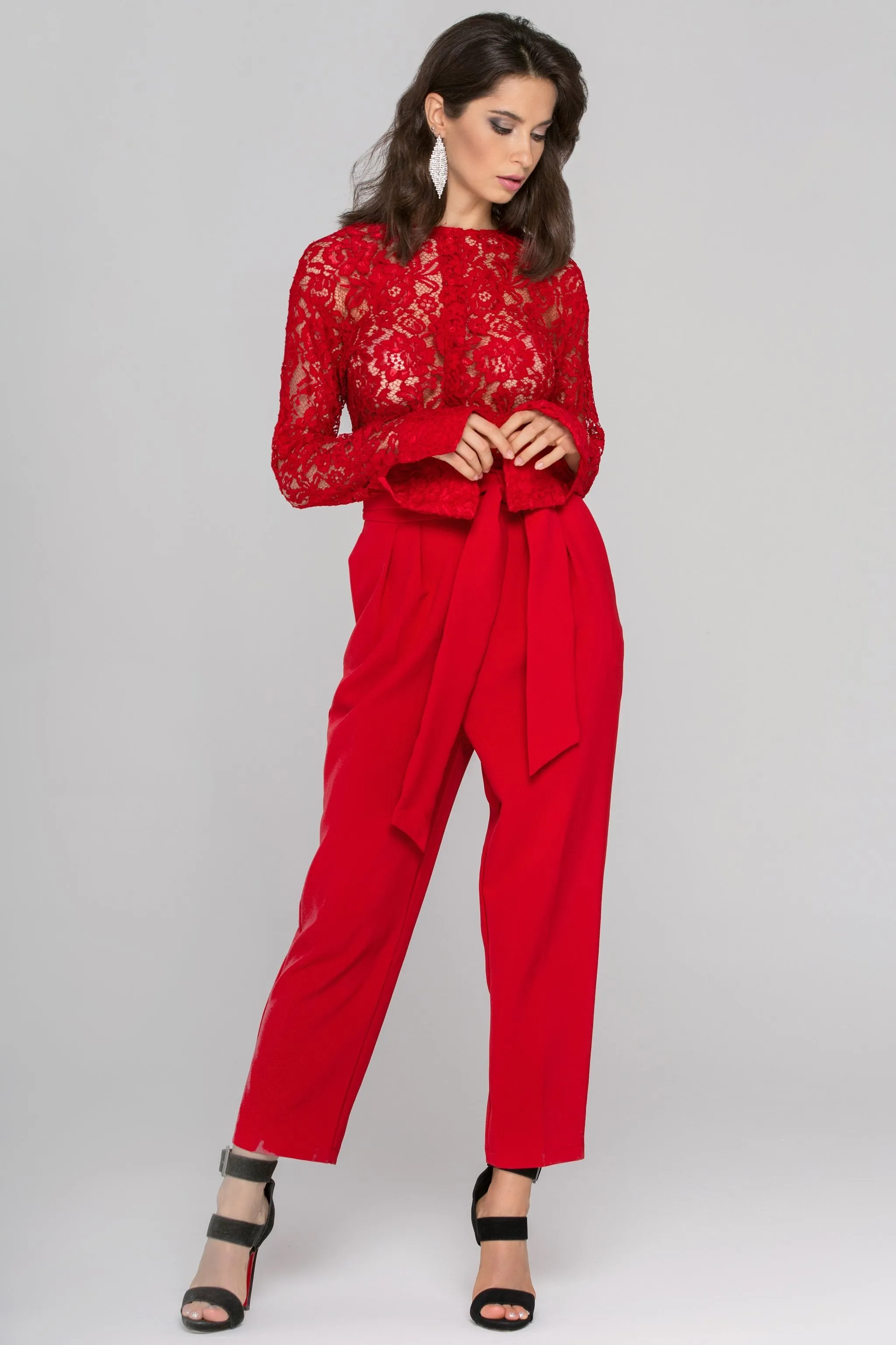 Rania Fawaz - Red Lace Sleeved Jumpsuit