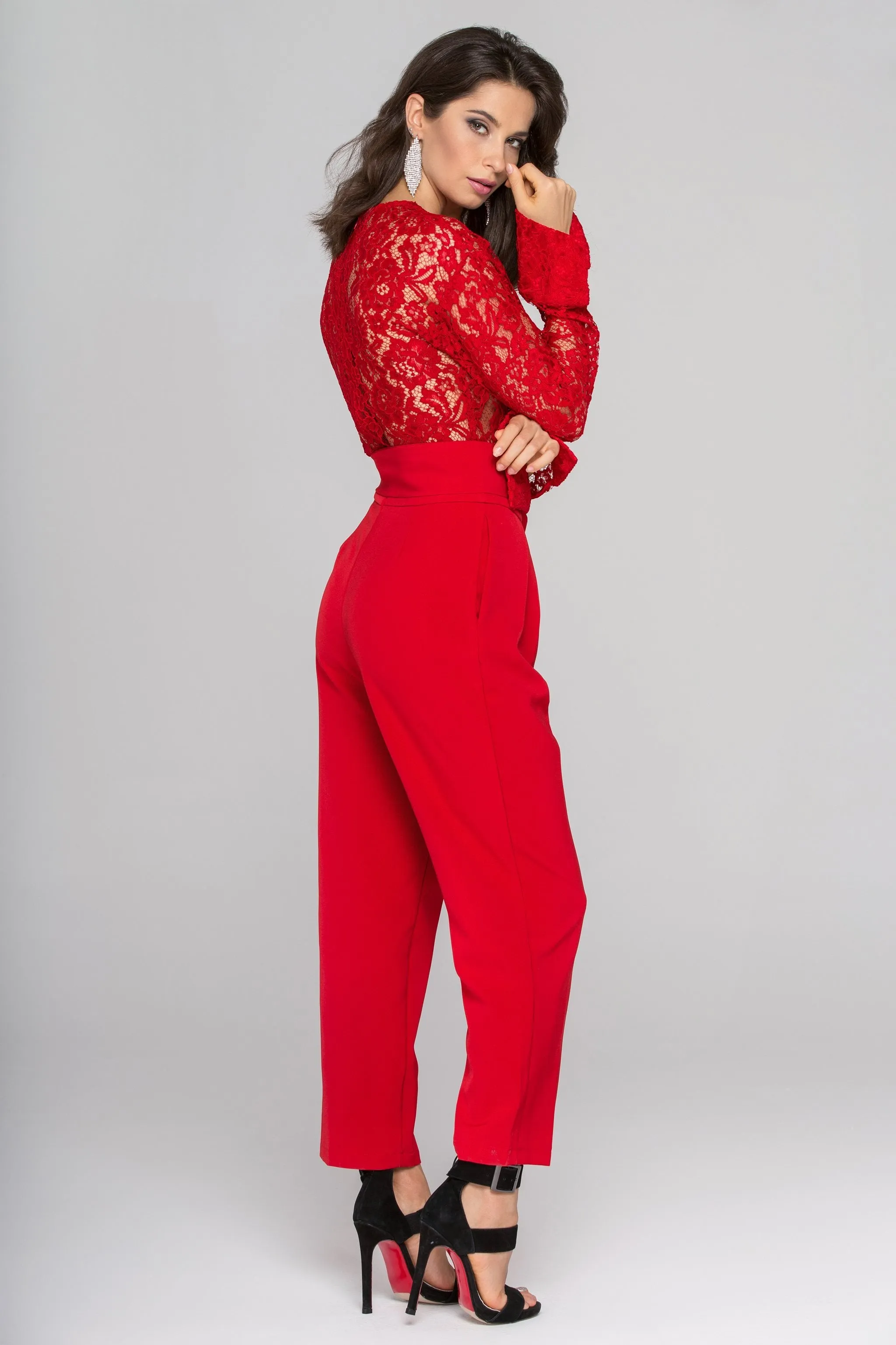 Rania Fawaz - Red Lace Sleeved Jumpsuit