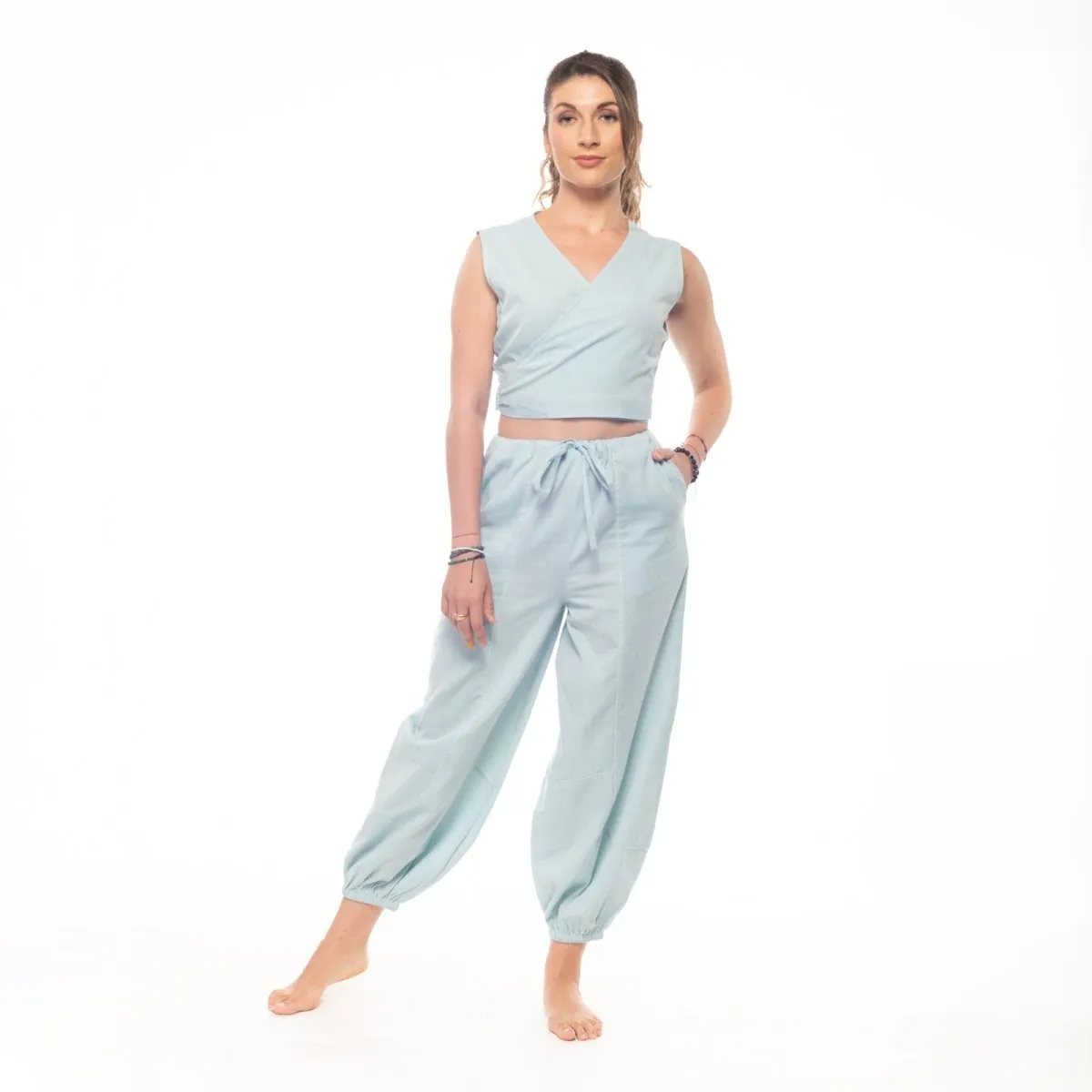 Sky-Blue Handwoven Cotton Sleeveless Wrap Crop Top | Sleeveless Top | Wrap Top