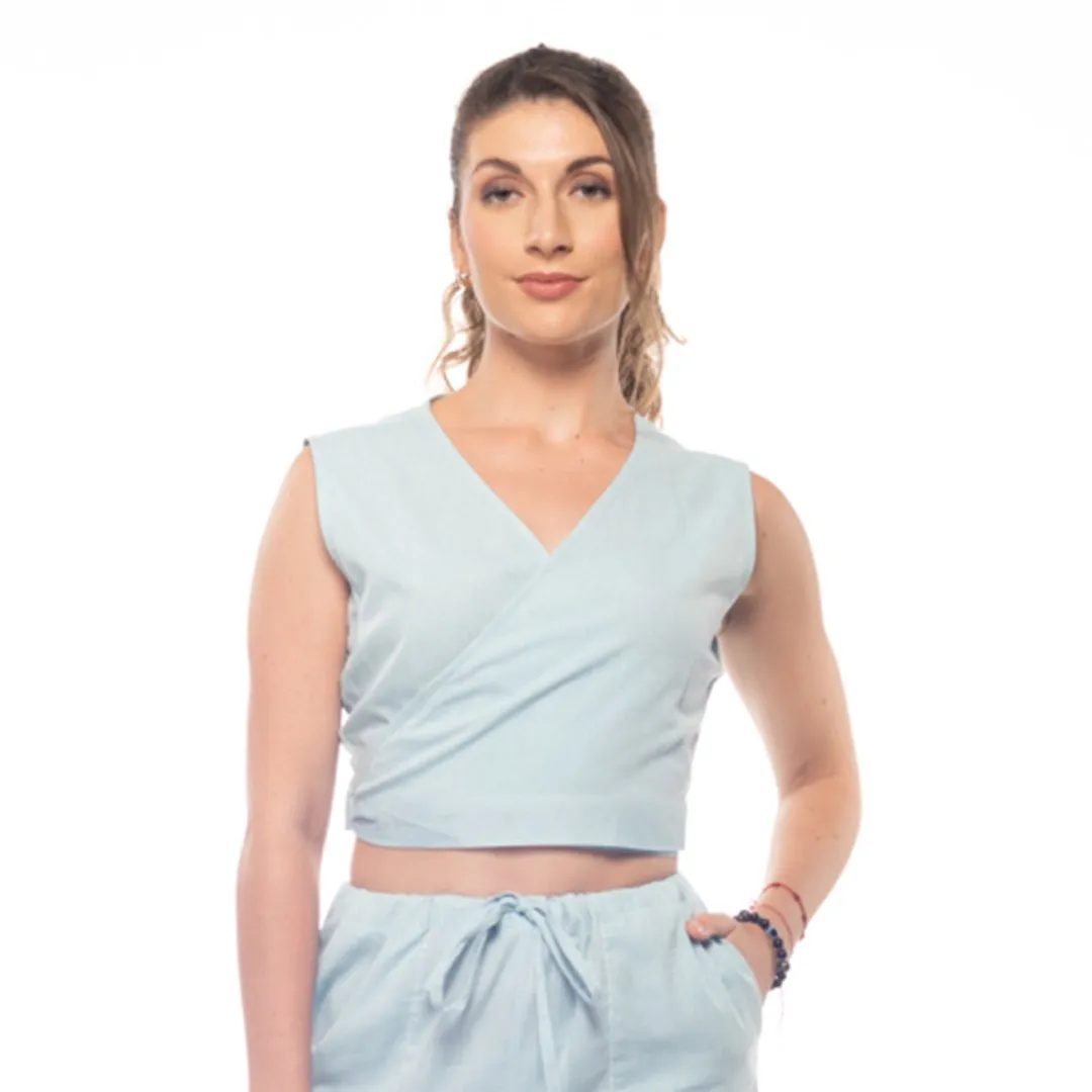 Sky-Blue Handwoven Cotton Sleeveless Wrap Crop Top | Sleeveless Top | Wrap Top