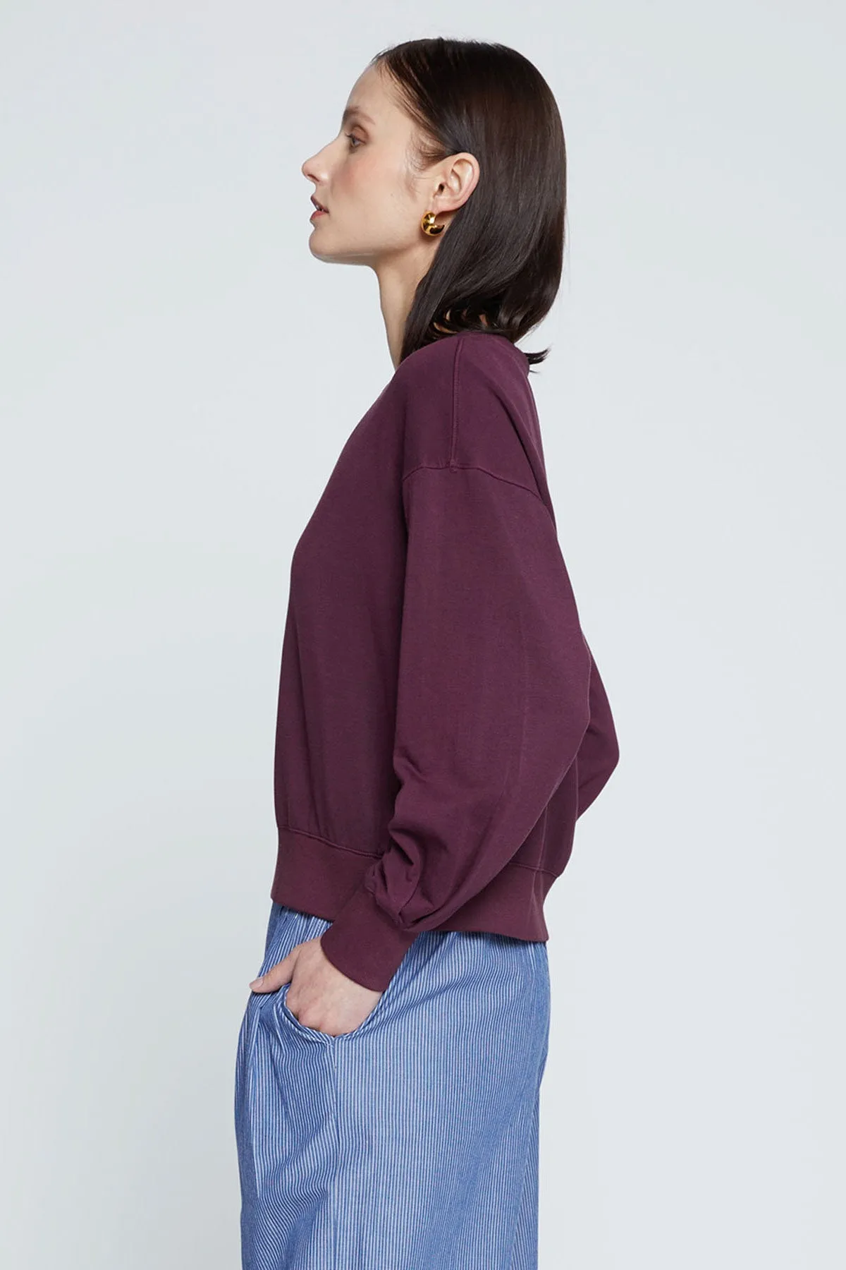 Stateside Softest Fleece Cropped Pleated Sleeve Pullover in Cherry Liquor