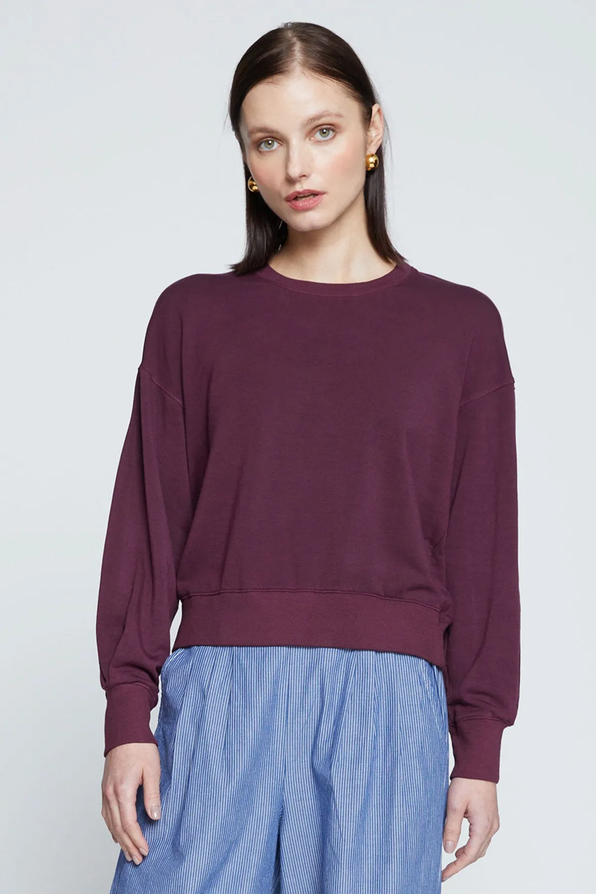 Stateside Softest Fleece Cropped Pleated Sleeve Pullover in Cherry Liquor
