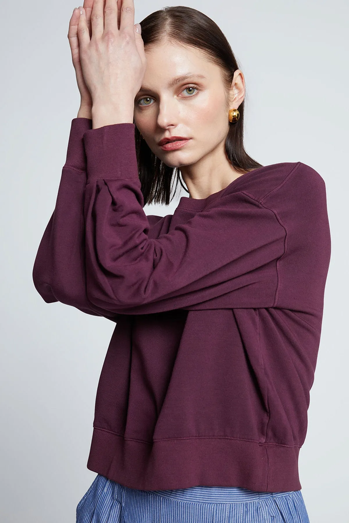 Stateside Softest Fleece Cropped Pleated Sleeve Pullover in Cherry Liquor