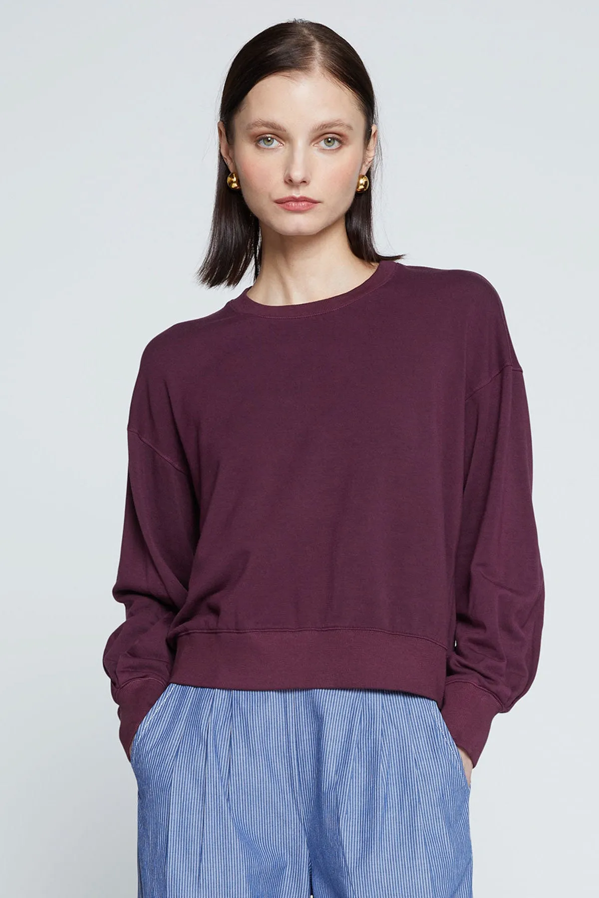 Stateside Softest Fleece Cropped Pleated Sleeve Pullover in Cherry Liquor
