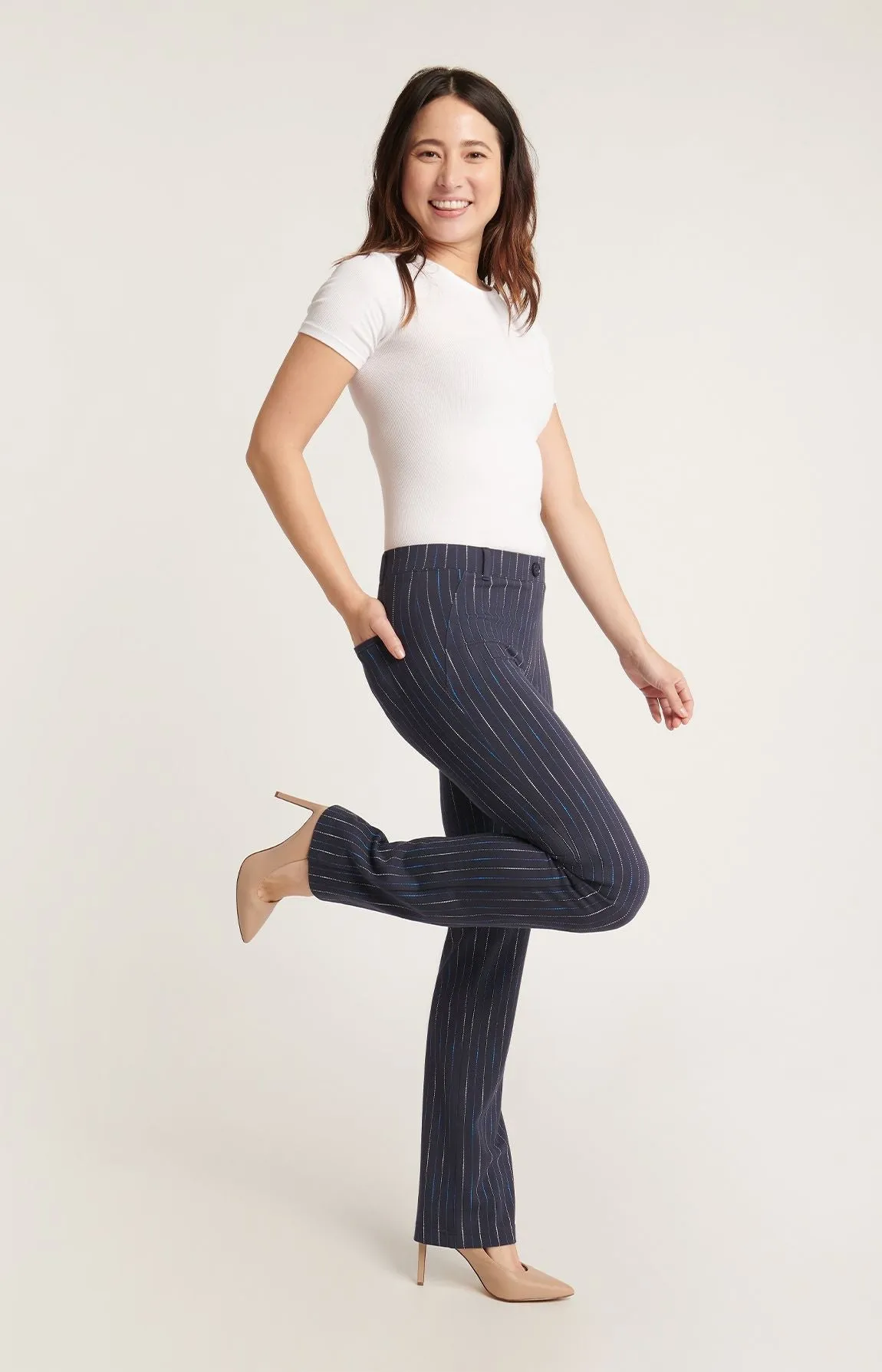 Straight Leg | Two-Pocket Straight-Leg Dress Pant Yoga Pants (Navy Ombre Pinstripe)