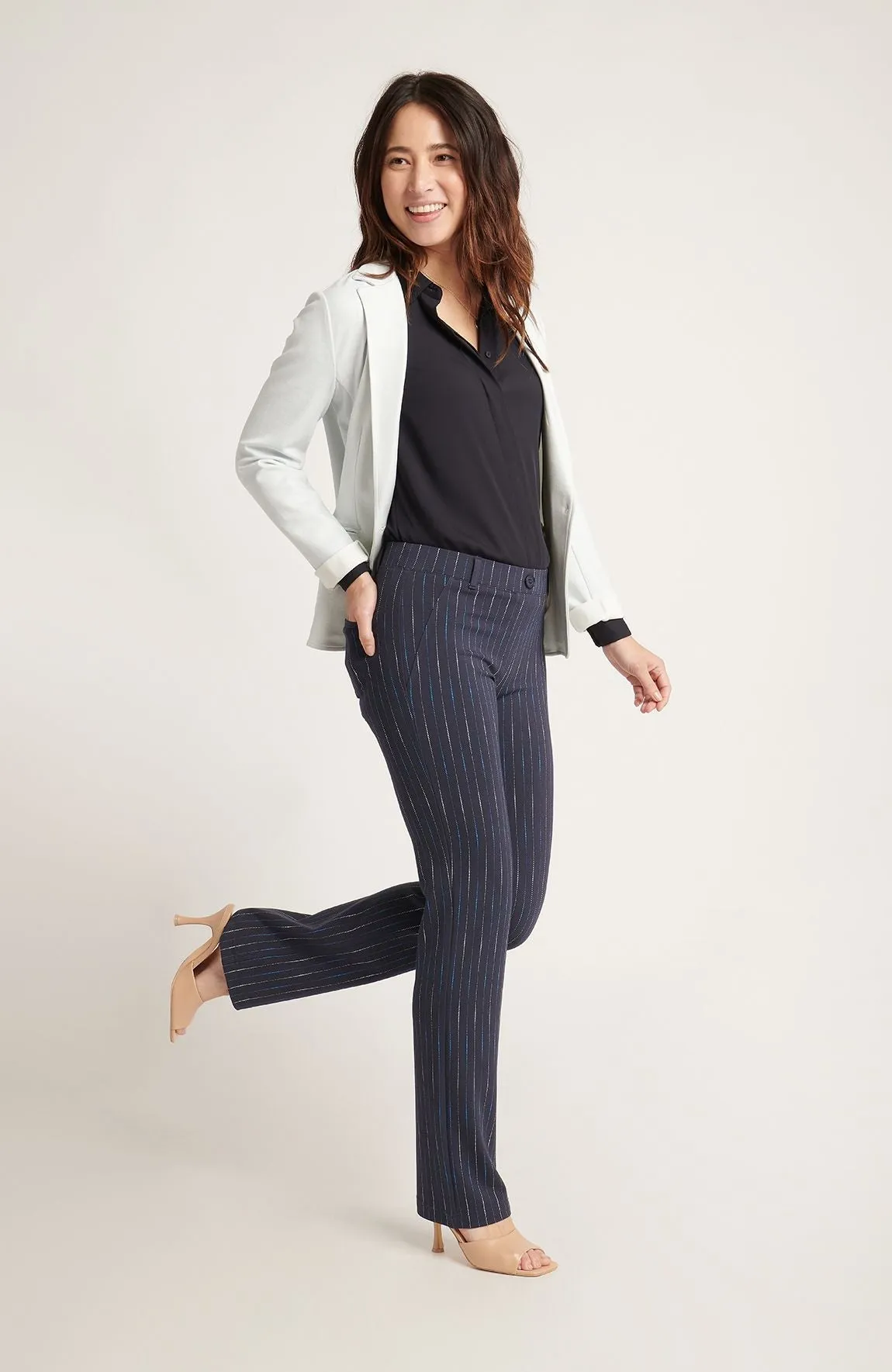 Straight Leg | Two-Pocket Straight-Leg Dress Pant Yoga Pants (Navy Ombre Pinstripe)
