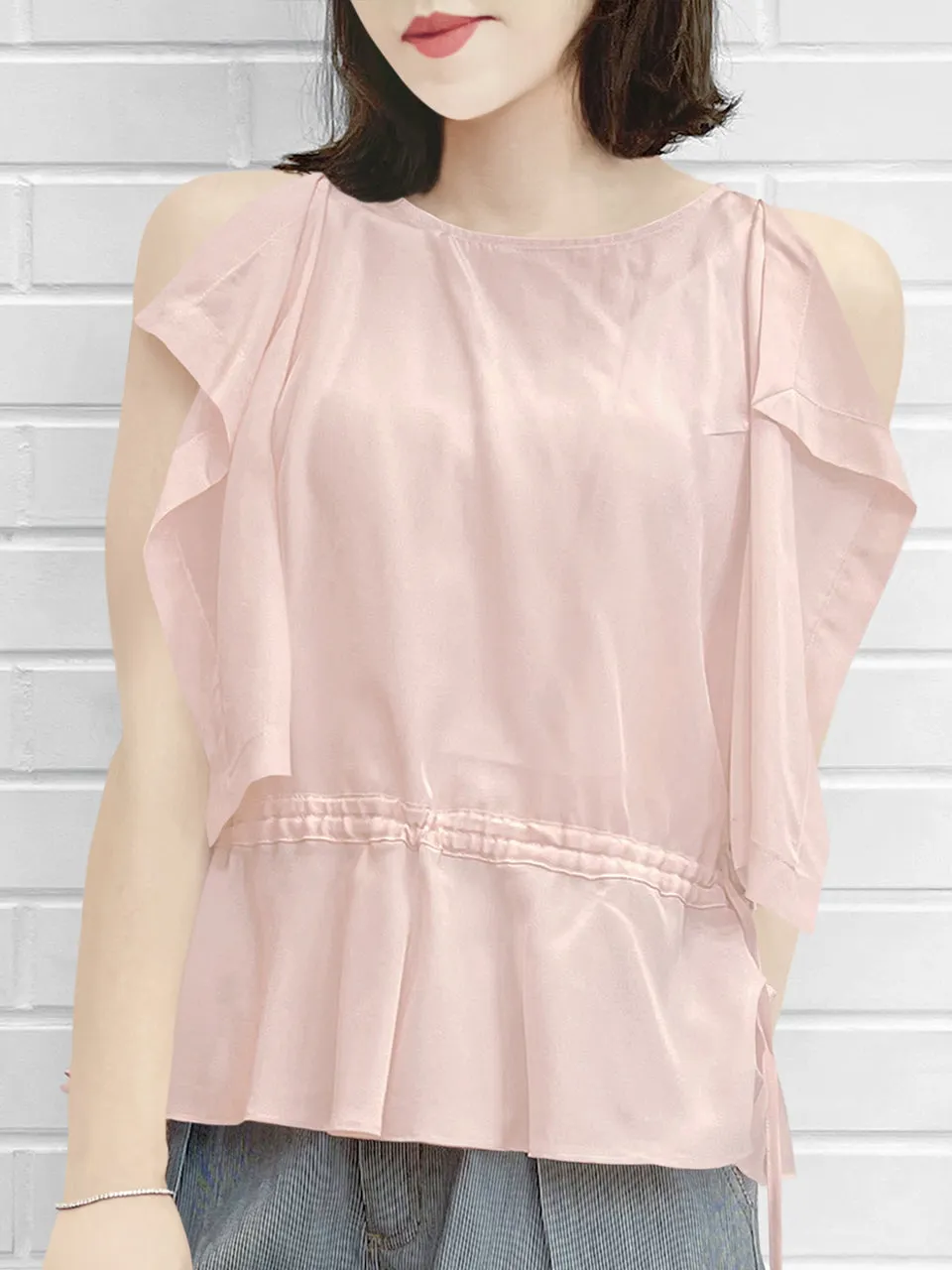 Surprise Sale! Light Pink Drawstring Waist Drape Edge Sleeveless Silk Top