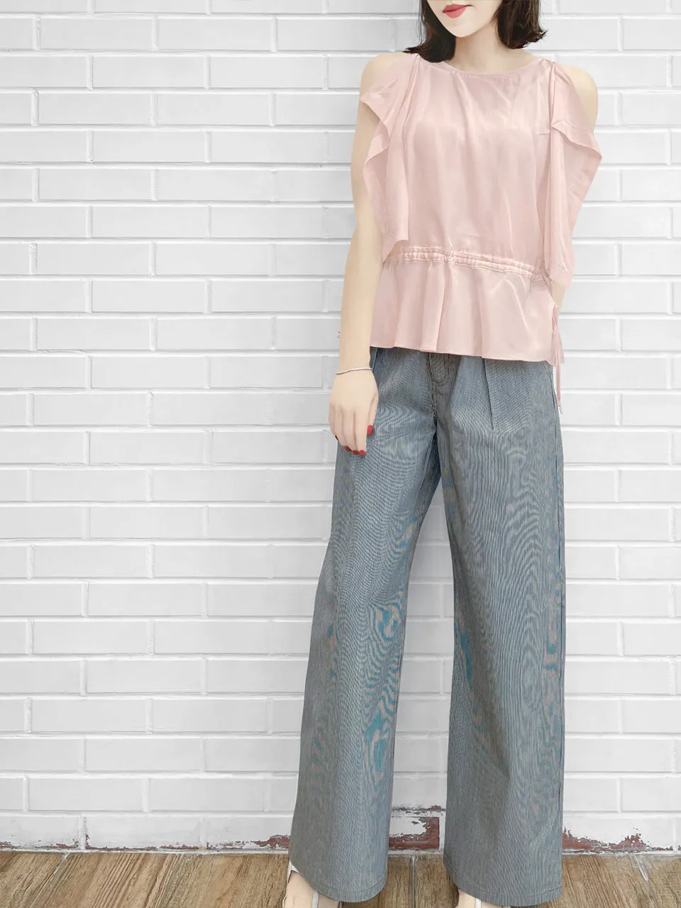 Surprise Sale! Light Pink Drawstring Waist Drape Edge Sleeveless Silk Top