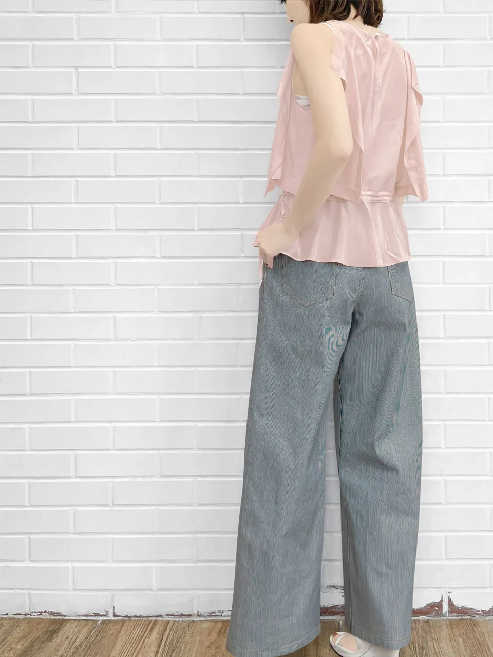 Surprise Sale! Light Pink Drawstring Waist Drape Edge Sleeveless Silk Top